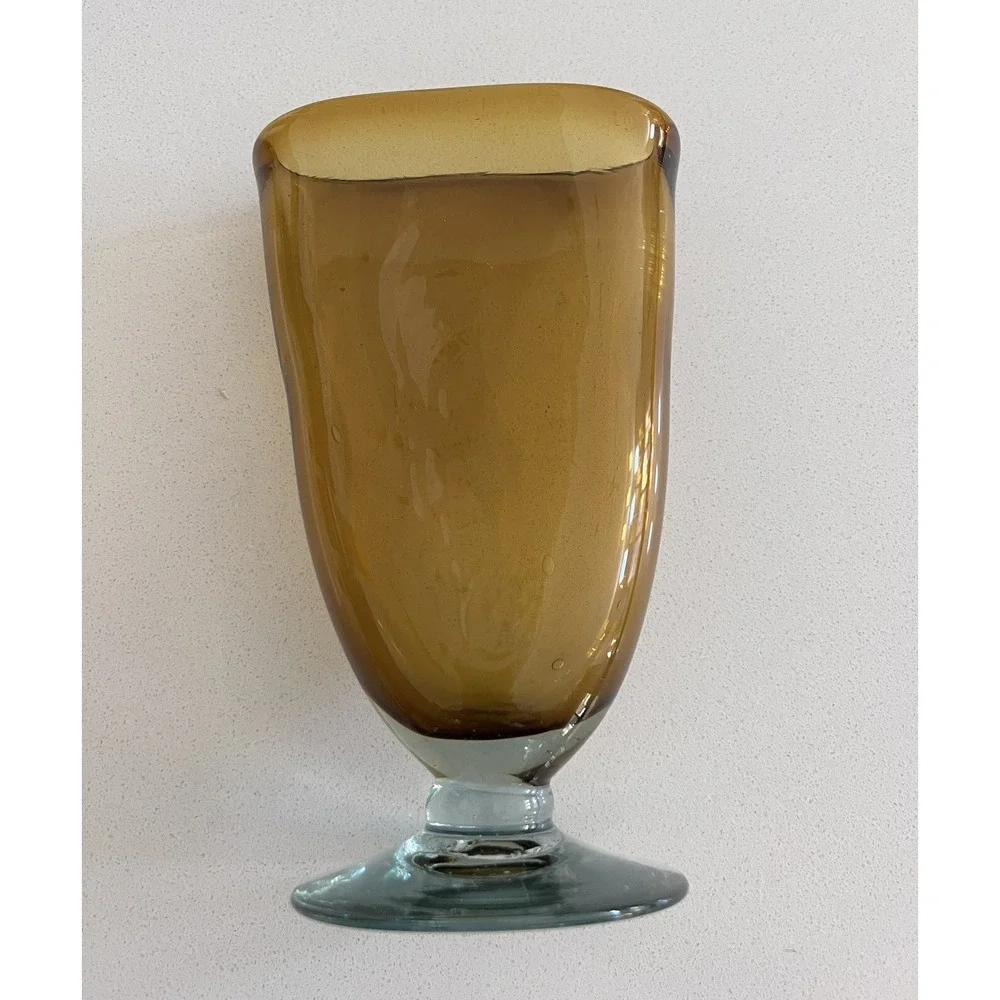 Vtg Hand blown Amber Fan Vase Art Deco Footed Clear Glass Vase